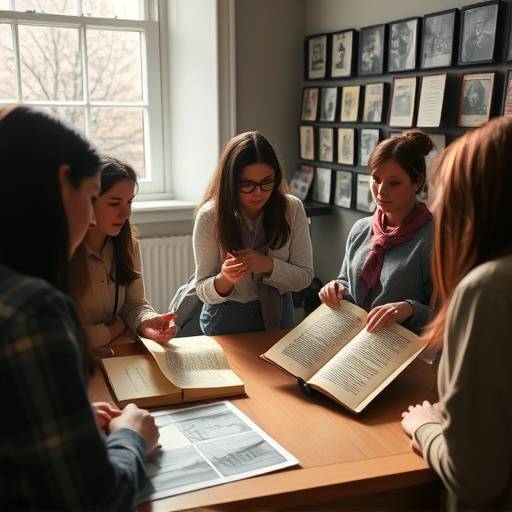 A group of students participating in an educational workshop at the Anne Frank Museum, actively discussing historical documents.