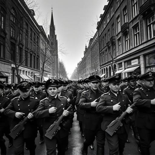 Black and white photograph depicting Nazi soldiers marching through the streets of Amsterdam during the occupation of the Netherlands in World War II.