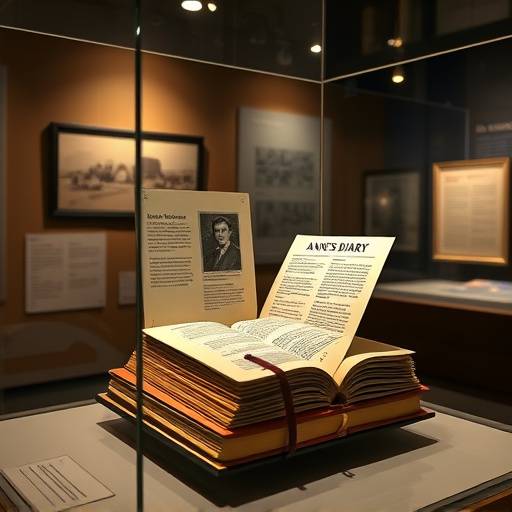 Display case showing a replica of Anne Frank's diary.