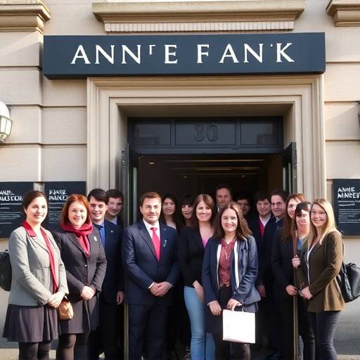 Photograph of the Anne Frank Museum staff in front of the museum entrance.